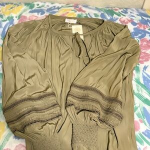 Ramy Brook Olive Blouse with Embroidered Sleeves